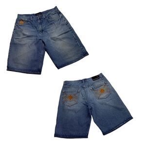 Vintage Phat Farm Men’s Embroidered Leather Patch Metal Emblem Denim Shorts 36